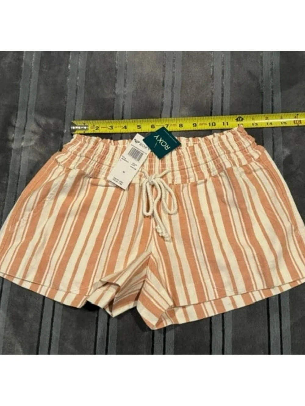 Roxy High-Waist Stripe Drawstring Shorts — Peach & White
